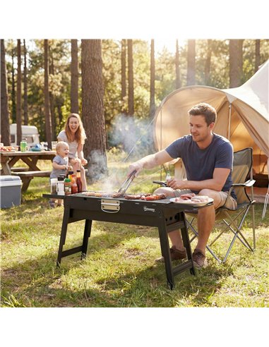 Outsunny Portable BBQ Grill, Foldable Charcoal Grill for Camping and Picnics with 2 Side Shelves and Handle, Black