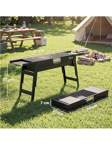 Outsunny Portable BBQ Grill, Foldable Charcoal Grill for Camping and Picnics with 2 Side Shelves and Handle, Black