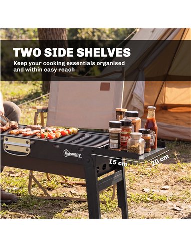Outsunny Portable BBQ Grill, Foldable Charcoal Grill for Camping and Picnics with 2 Side Shelves and Handle, Black