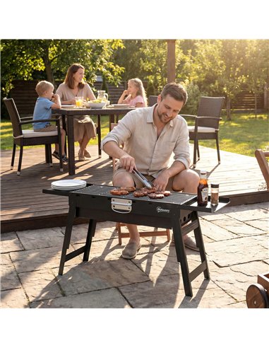 Outsunny Portable BBQ Grill, Foldable Charcoal Grill for Camping and Picnics with 2 Side Shelves and Handle, Black