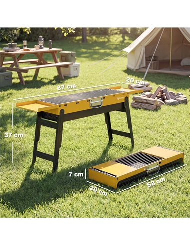 Outsunny Portable BBQ Grill, Foldable Charcoal Grill for Camping and Picnics with 2 Side Shelves and Handle, Yellow