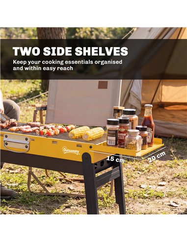 Outsunny Portable BBQ Grill, Foldable Charcoal Grill for Camping and Picnics with 2 Side Shelves and Handle, Yellow