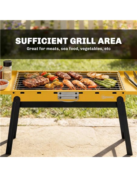 Outsunny Portable BBQ Grill, Foldable Charcoal Grill for Camping and Picnics with 2 Side Shelves and Handle, Yellow - pic 181801 | FastDaddyshop