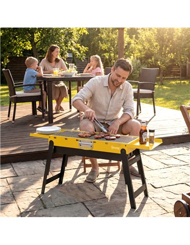 Outsunny Portable BBQ Grill, Foldable Charcoal Grill for Camping and Picnics with 2 Side Shelves and Handle, Yellow