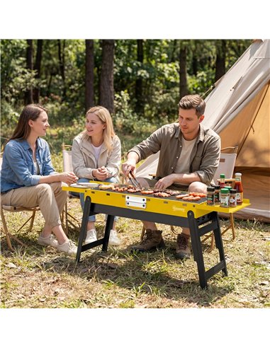 Outsunny Portable BBQ Grill, Foldable Charcoal Grill for Camping and Picnics with 2 Side Shelves and Handle, Yellow