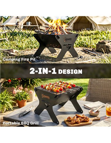 Outsunny 2-In-1 Portable BBQ Grill and Camping Fire Pit, Tabletop Charcoal Barbecue Grill with Gripper, Gloves and Carry Bag
