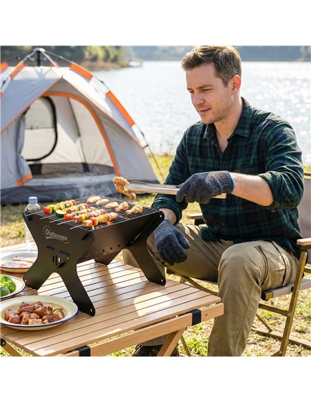 Outsunny 2-In-1 Portable BBQ Grill and Camping Fire Pit, Tabletop Charcoal Barbecue Grill with Gripper, Gloves and Carry Bag - pic 181813 | FastDaddyshop