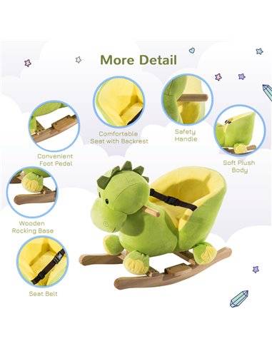 HOMCOM 18m+ Kids Rocking Horse Plush Dinosaur Seat with Seat Safety Belt, 32 Songs