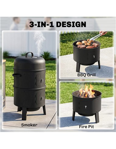 Outsunny 3-in-1 Vertical Charcoal Smoker with 2 Grill Grates, Built-in Thermometer, Adjustable Vent, 2 Doors