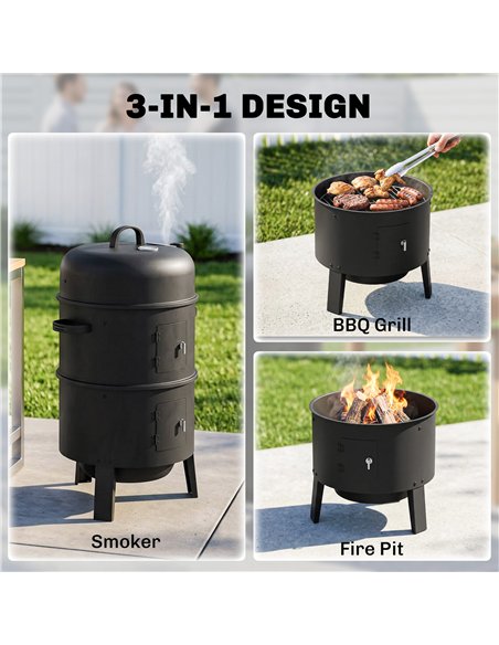 Outsunny 3-in-1 Vertical Charcoal Smoker with 2 Grill Grates, Built-in Thermometer, Adjustable Vent, 2 Doors - pic 181835 | FastDaddyshop