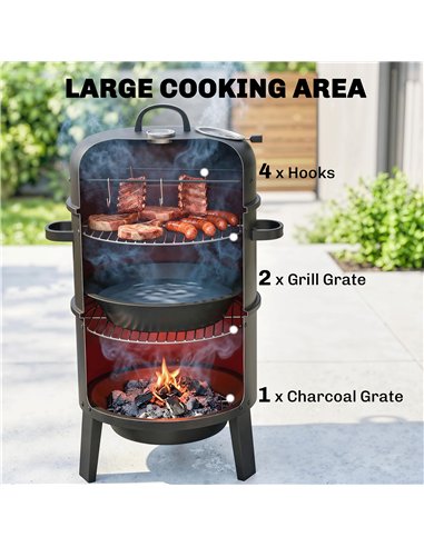 Outsunny 3-in-1 Vertical Charcoal Smoker with 2 Grill Grates, Built-in Thermometer, Adjustable Vent, 2 Doors