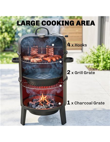 Outsunny 3-in-1 Vertical Charcoal Smoker with 2 Grill Grates, Built-in Thermometer, Adjustable Vent, 2 Doors - pic 181836 | FastDaddyshop