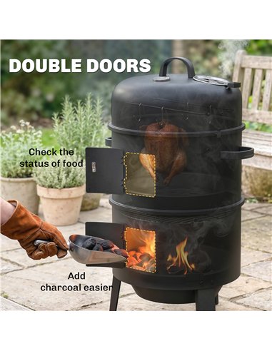Outsunny 3-in-1 Vertical Charcoal Smoker with 2 Grill Grates, Built-in Thermometer, Adjustable Vent, 2 Doors