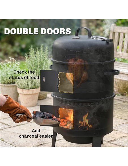 Outsunny 3-in-1 Vertical Charcoal Smoker with 2 Grill Grates, Built-in Thermometer, Adjustable Vent, 2 Doors - pic 181838 | FastDaddyshop