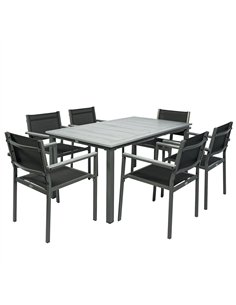Outsunny Garden Dining Set with Acacia Wood Table Top, Outdoor Table and Stackable Chairs Set for 6 with Texteline Seat, Grey