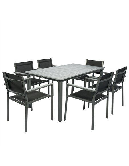 Outsunny Garden Dining Set with Acacia Wood Table Top, Outdoor Table and Stackable Chairs Set for 6 with Texteline Seat, Grey - pic 181859 | FastDaddyshop