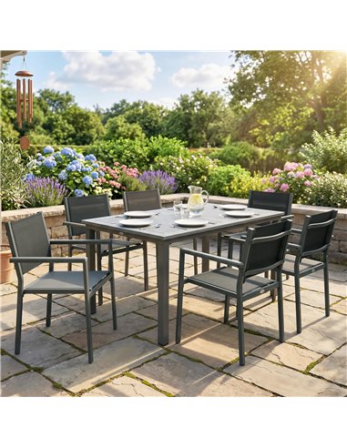 Outsunny Garden Dining Set with Acacia Wood Table Top, Outdoor Table and Stackable Chairs Set for 6 with Texteline Seat, Grey
