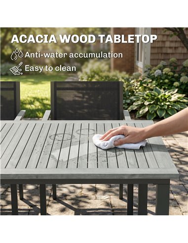 Outsunny Garden Dining Set with Acacia Wood Table Top, Outdoor Table and Stackable Chairs Set for 6 with Texteline Seat, Grey