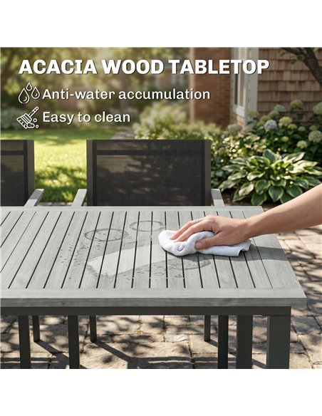 Outsunny Garden Dining Set with Acacia Wood Table Top, Outdoor Table and Stackable Chairs Set for 6 with Texteline Seat, Grey - pic 181862 | FastDaddyshop