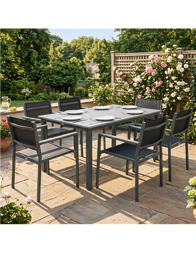 Outsunny Garden Dining Set with Acacia Wood Table Top, Outdoor Table and Stackable Chairs Set for 6 with Texteline Seat, Grey