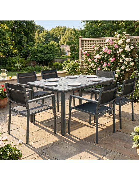 Outsunny Garden Dining Set with Acacia Wood Table Top, Outdoor Table and Stackable Chairs Set for 6 with Texteline Seat, Grey - pic 181866 | FastDaddyshop