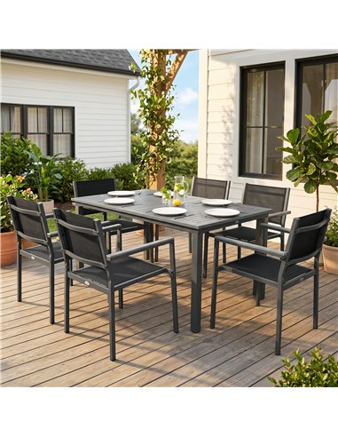 Outsunny Garden Dining Set with Acacia Wood Table Top, Outdoor Table and Stackable Chairs Set for 6 with Texteline Seat, Grey