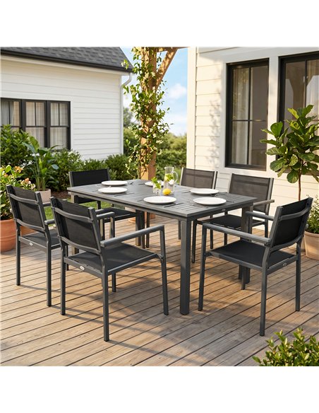 Outsunny Garden Dining Set with Acacia Wood Table Top, Outdoor Table and Stackable Chairs Set for 6 with Texteline Seat, Grey - pic 181867 | FastDaddyshop