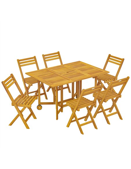 Outsunny 7 Pieces Garden Dining Set, Extending Dining Table and 6 Folding Chairs with Umbrella Hole for Patio, Natural Wood - pic 181868 | FastDaddyshop