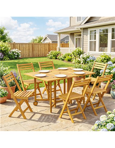 Outsunny 7 Pieces Garden Dining Set, Extending Dining Table and 6 Folding Chairs with Umbrella Hole for Patio, Natural Wood