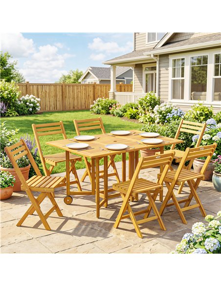 Outsunny 7 Pieces Garden Dining Set, Extending Dining Table and 6 Folding Chairs with Umbrella Hole for Patio, Natural Wood - pic 181869 | FastDaddyshop