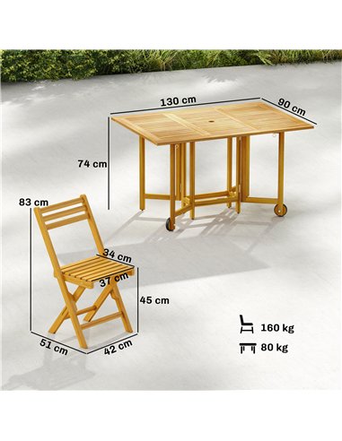 Outsunny 7 Pieces Garden Dining Set, Extending Dining Table and 6 Folding Chairs with Umbrella Hole for Patio, Natural Wood