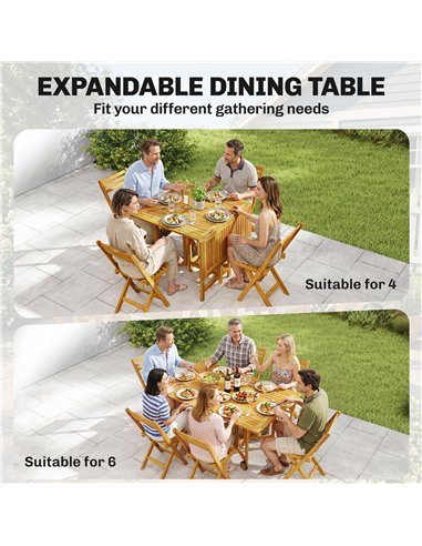 Outsunny 7 Pieces Garden Dining Set, Extending Dining Table and 6 Folding Chairs with Umbrella Hole for Patio, Natural Wood