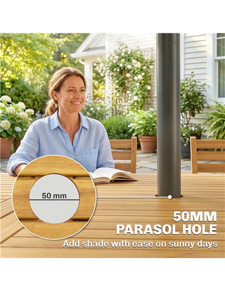 Outsunny 7 Pieces Garden Dining Set, Extending Dining Table and 6 Folding Chairs with Umbrella Hole for Patio, Natural Wood - pic 181874 | FastDaddyshop