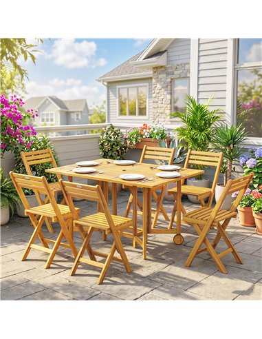 Outsunny 7 Pieces Garden Dining Set, Extending Dining Table and 6 Folding Chairs with Umbrella Hole for Patio, Natural Wood