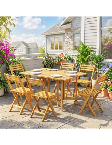Outsunny 7 Pieces Garden Dining Set, Extending Dining Table and 6 Folding Chairs with Umbrella Hole for Patio, Natural Wood - pic 181876 | FastDaddyshop