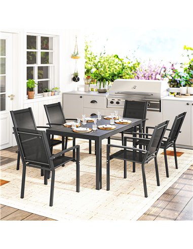 Outsunny Seven-Piece Garden Dining Set, with Plastic Wood-Top Table - Black