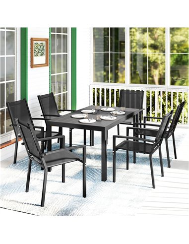 Outsunny Seven-Piece Garden Dining Set, with Plastic Wood-Top Table - Black