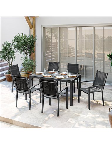Outsunny Seven-Piece Garden Dining Set, with Plastic Wood-Top Table - Black
