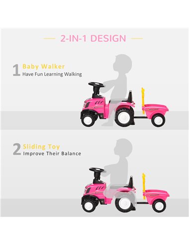 HOMCOM 12m+ Ride On Tractor Foot To Floor Slider with Horn, Storage, Steering Wheel, Pink