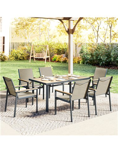 Outsunny Seven-Piece Metal Garden Dining Set, with Glass-Top Table - Khaki