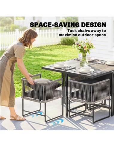 Outsunny 4-Seater Garden Dining Set, Rattan Outdoor Furniture with Space-Saving Chairs and Thick Cushions for Patio Balcony, Bla