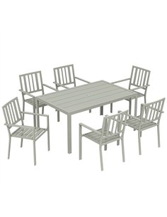 Outsunny Garden Table and Chairs for 6, 7 Pieces Garden Furniture Set with Table, 6 Stackable Chairs and Umbrella Hole Light Gre