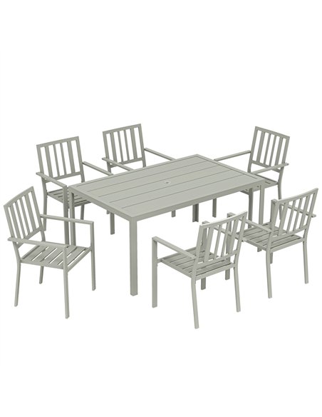 Outsunny Garden Table and Chairs for 6, 7 Pieces Garden Furniture Set with Table, 6 Stackable Chairs and Umbrella Hole Light Gre - pic 181931 | FastDaddyshop