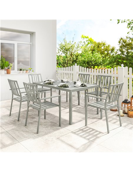 Outsunny Garden Table and Chairs for 6, 7 Pieces Garden Furniture Set with Table, 6 Stackable Chairs and Umbrella Hole Light Gre - pic 181932 | FastDaddyshop