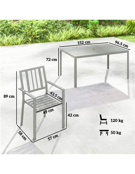 Outsunny Garden Table and Chairs for 6, 7 Pieces Garden Furniture Set with Table, 6 Stackable Chairs and Umbrella Hole Light Gre - pic 181933 | FastDaddyshop
