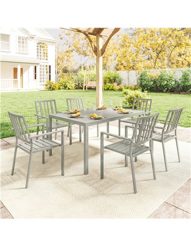 Outsunny Garden Table and Chairs for 6, 7 Pieces Garden Furniture Set with Table, 6 Stackable Chairs and Umbrella Hole Light Gre