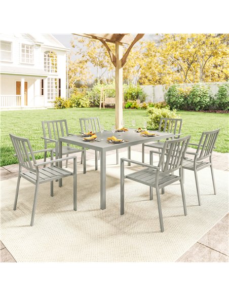 Outsunny Garden Table and Chairs for 6, 7 Pieces Garden Furniture Set with Table, 6 Stackable Chairs and Umbrella Hole Light Gre - pic 181938 | FastDaddyshop