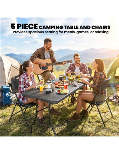 Outsunny 5 Piece 6ft Foldable Table and Chairs, Portable Picnic Table Set with 4 Chairs, Waterproof Top and Steel Frame, Black