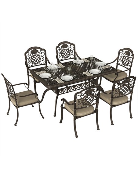 Outsunny Garden Dining Set for 6, Cast Aluminium Outdoor Table and Chairs Set with Cushions, Parasol Hole for Patio, Bronze Tone - pic 181949 | FastDaddyshop
