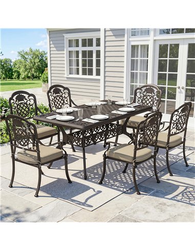Outsunny Garden Dining Set for 6, Cast Aluminium Outdoor Table and Chairs Set with Cushions, Parasol Hole for Patio, Bronze Tone